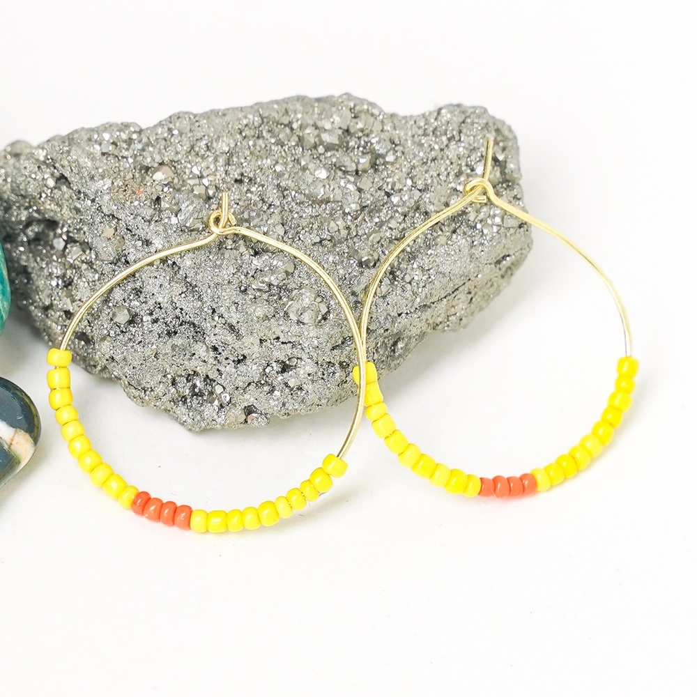 Seed Bead Hoop Earrings Handmade Yellow & Orange Brass Gold